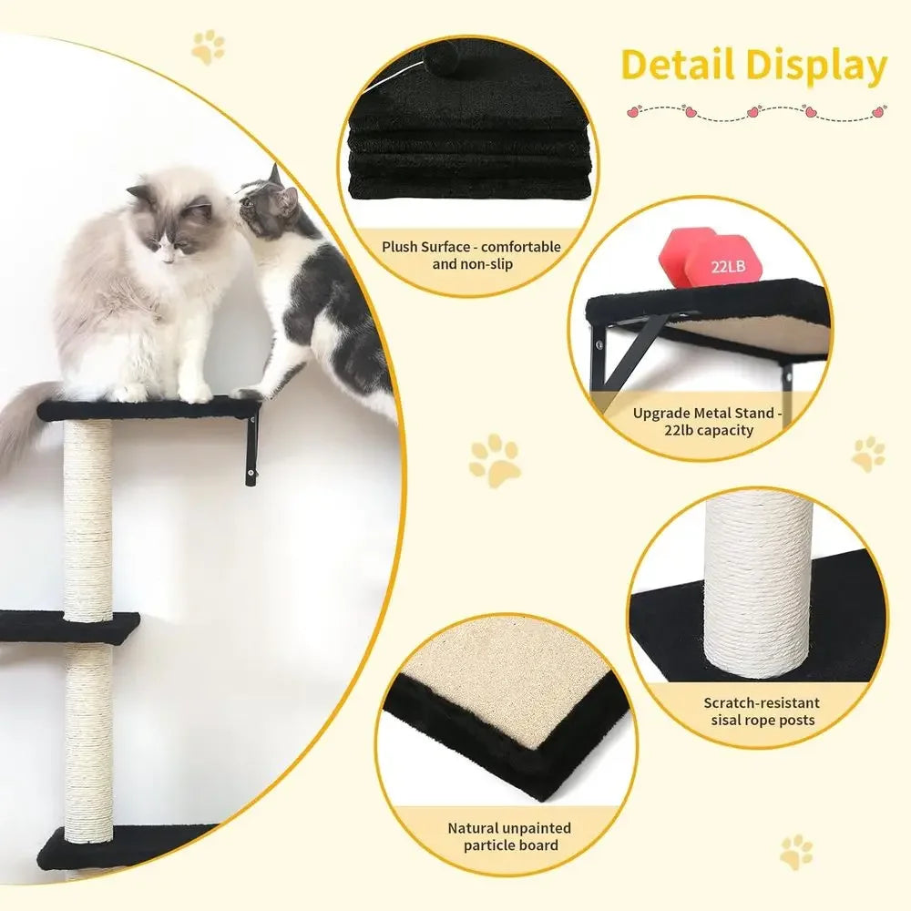 5-Piece Wooden Cat Wall Furniture Set with House, Bridge, Tree, Steps & Scratcher – Black