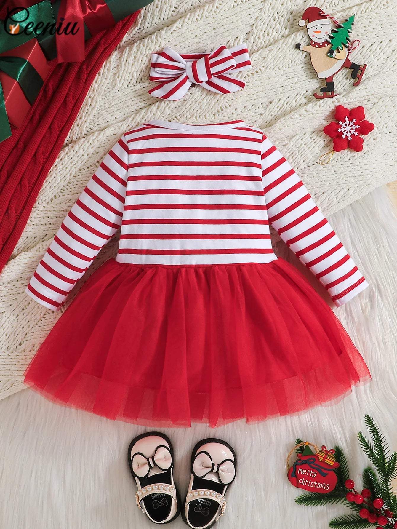 Baby Girl New Year Dress – Green Christmas Tree Print Outfit, “My First New Year” Costume for Newborns & Toddlers