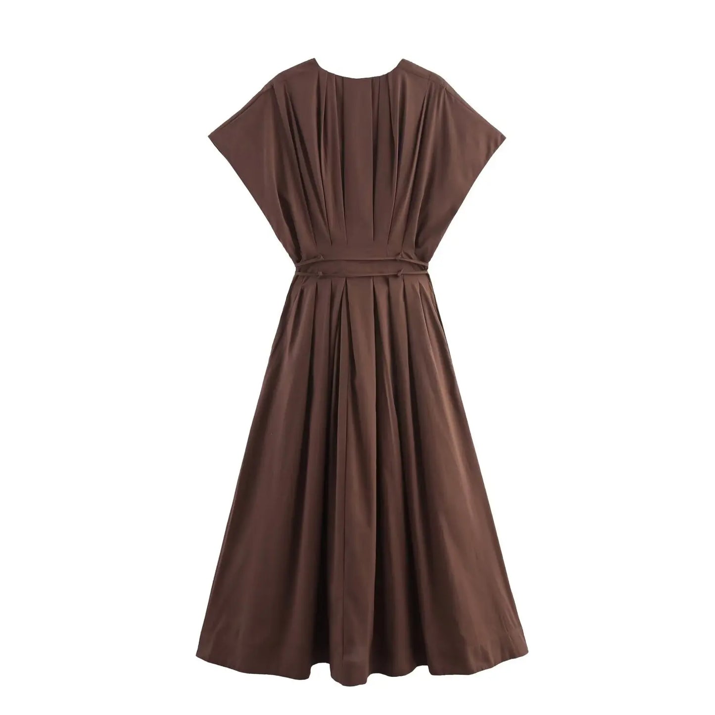 Women's Elegant V-Neck Long Dress – Short Sleeve Lace-Up Bow Waist Casual Dress