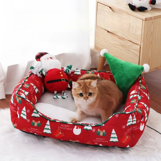 Christmas Cat and Small Dog Bed with Raised Bolster Sides and Soft Sleeping Cushion, Festive Indoor Pet Nest