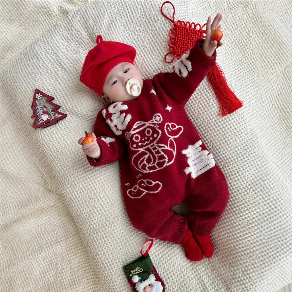 New Year Matching Family Red Chinese Sweater Father Mother and Daughter Son Snake Knit Jumper Infant Baby Knit Romper