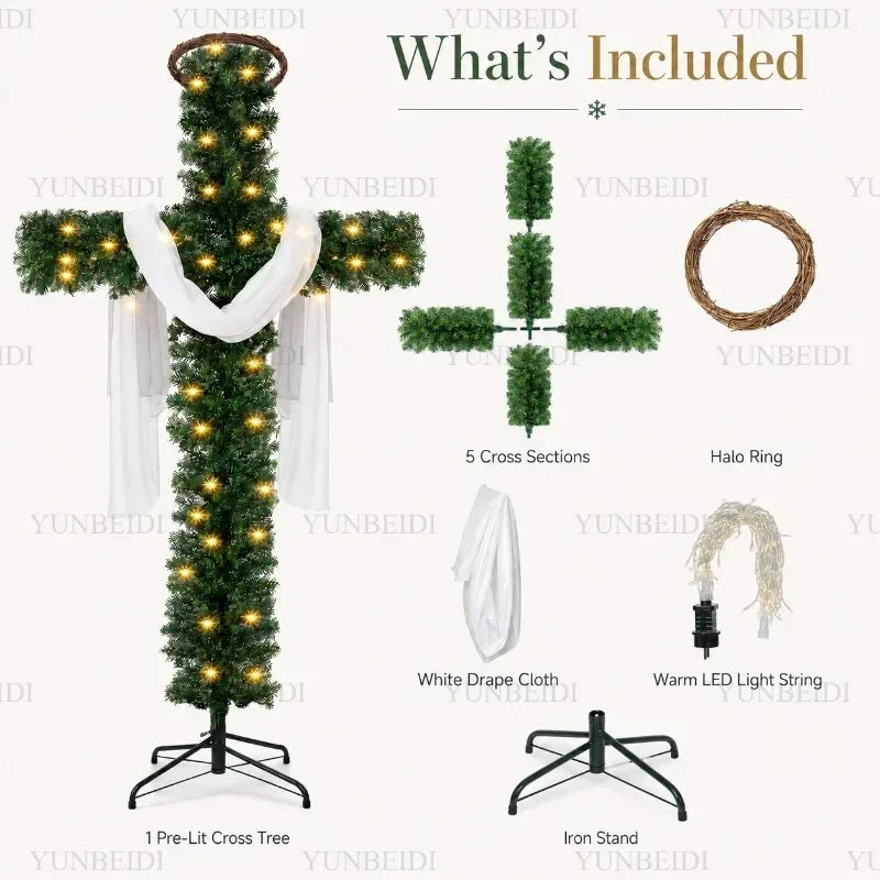 Cross-Shaped Artificial Christmas Tree with Metal Stand, 150 or 180 cm Green PVC Religious Holiday Decoration with Optional USB Lights