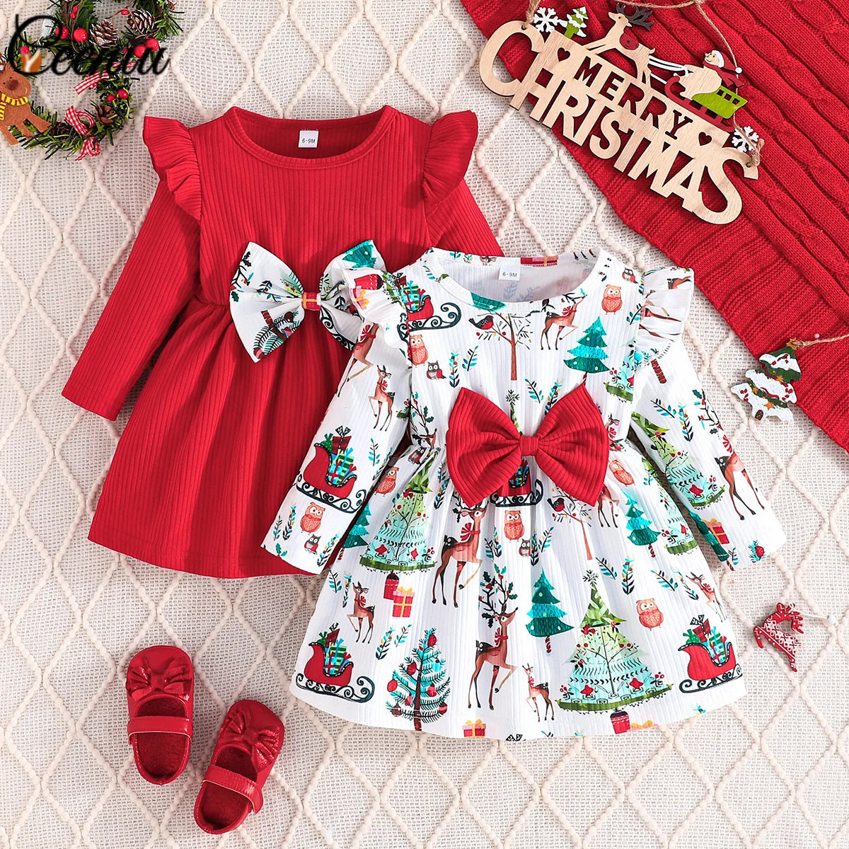 Baby Girl New Year Dress – Green Christmas Tree Print Outfit, “My First New Year” Costume for Newborns & Toddlers