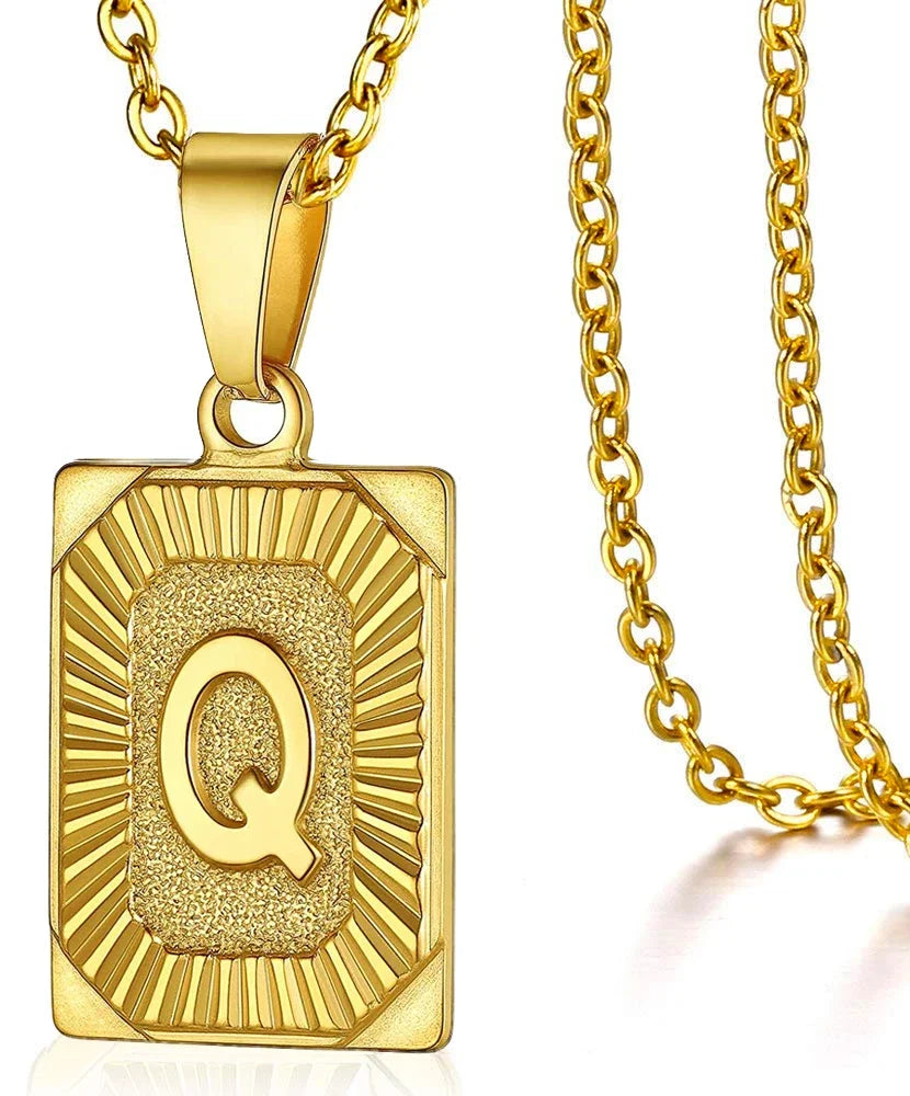 Initial Letter Pendant Necklace – Stainless Steel Cuban Link Chain, Square Charm Alphabet Necklace for Men & Women, Couple Gift Jewelry