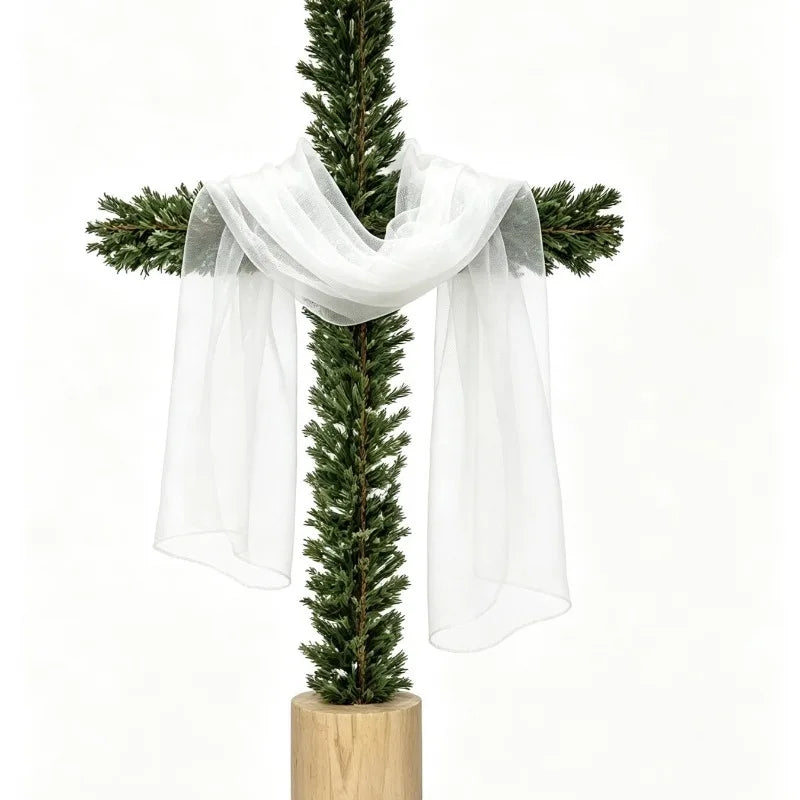 Artificial Pine-Style Greenery Cross with White Fabric Drape and Wood-Look Base for Christmas, Easter and Religious Tabletop Decor