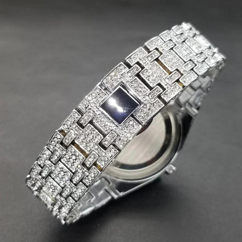 MISSFOX Luxury Diamond Iced Out Men's Quartz Watch, Arabic Numerals Waterproof