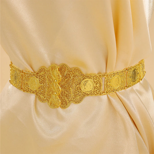 Algerian Coin Hollow out With Gold-Plated Metal Handmade Finely Carved Napoleonic Arabian Bridal Waist Chain Jewelry Belt