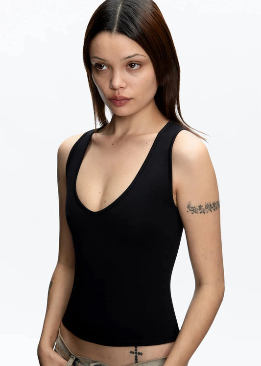 Women’s Solid Color Deep V-Neck Tank Top – Slim Fit, Sleeveless Summer Vest