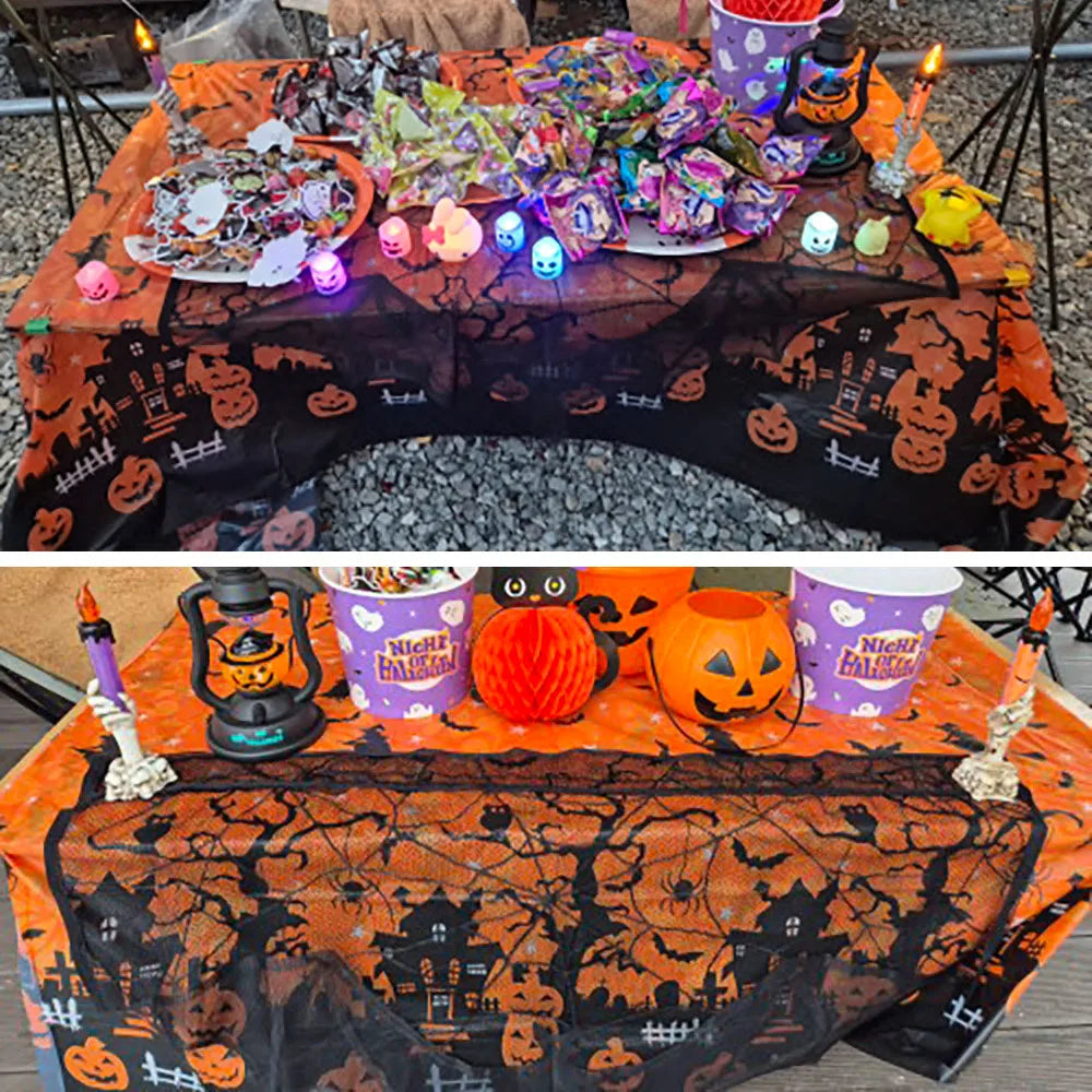 Halloween Disposable Tablecloth – Pumpkin, Spider Web & Bat Design – Plastic Table Cover for Halloween Party & Home Decor
