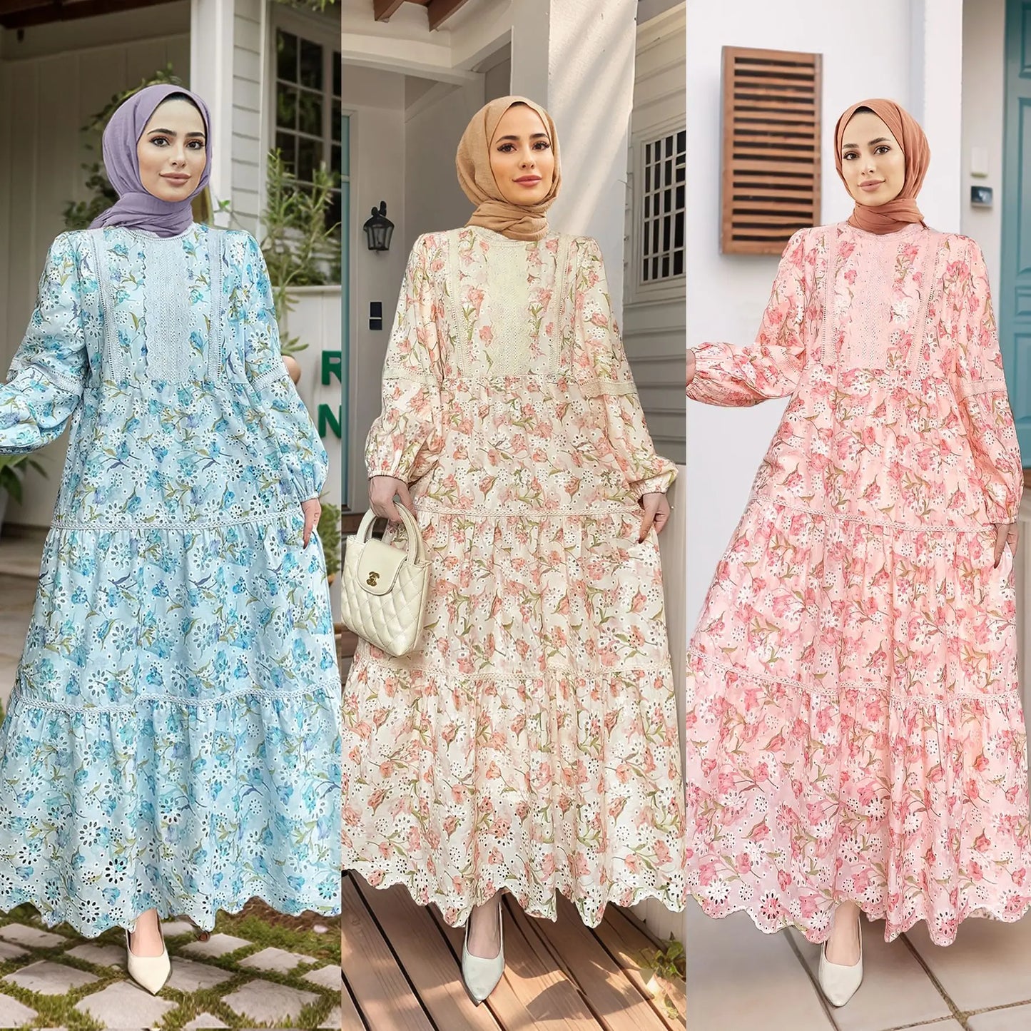 Elegant Ethnic Print Abaya Maxi Dress for Women – Muslim Jalabiya Modest Kaftan for Spring & Autumn