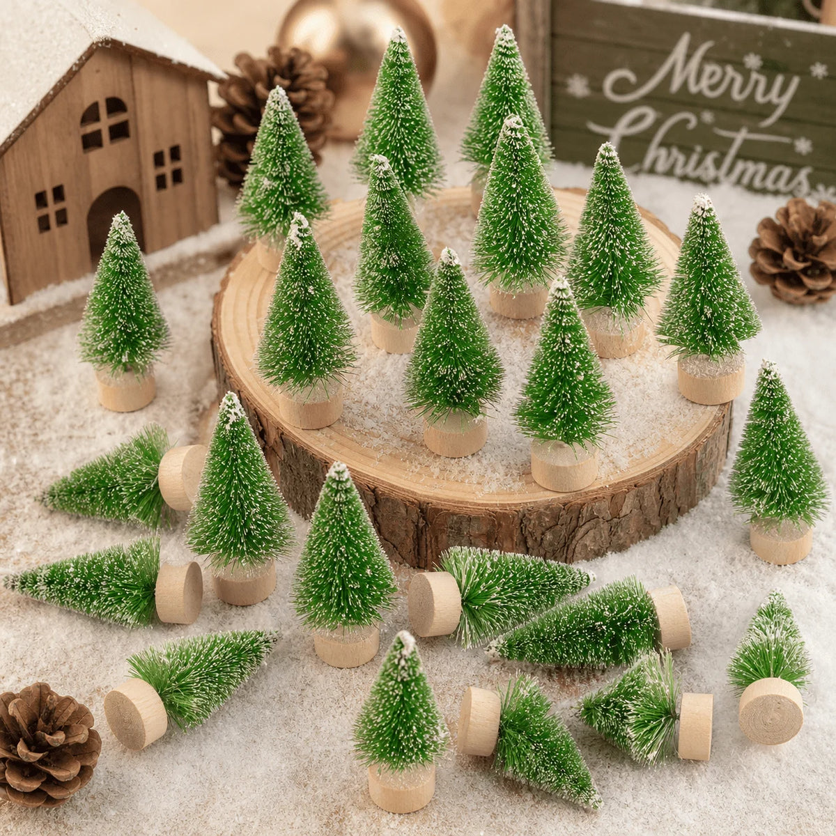 50-Piece Mini Snow-Flocked Bottle Brush Christmas Tree Set with Wooden Bases for Holiday Villages, Tabletop Displays and DIY Winter Crafts