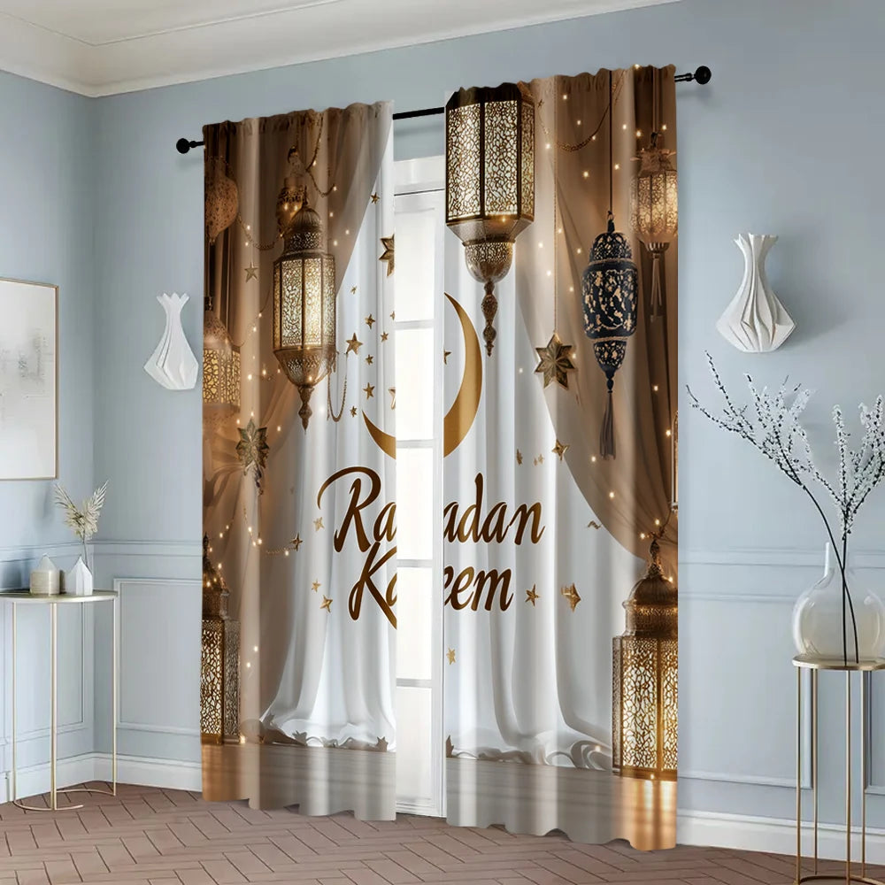 2-Piece Ramadan Moon Curtain Panels – Woven Polyester Window Curtains for Home & Office (Rod Not Included)
