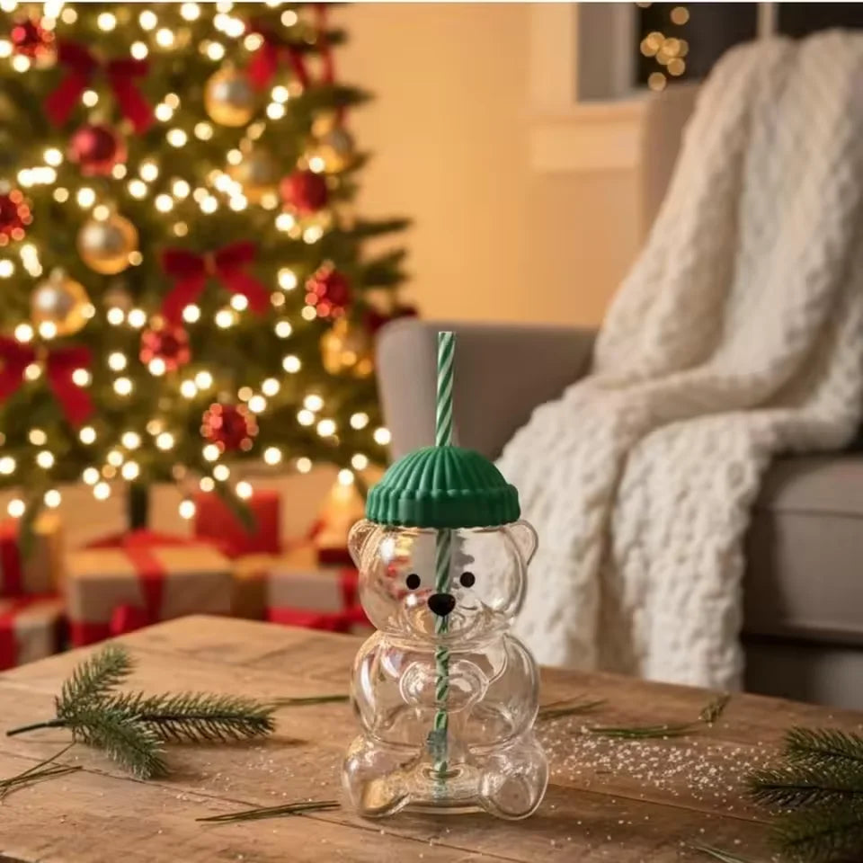 500ml Cute Bear Shaped Cup with Straw – Transparent Cartoon Coffee, Milk & Water Tumbler