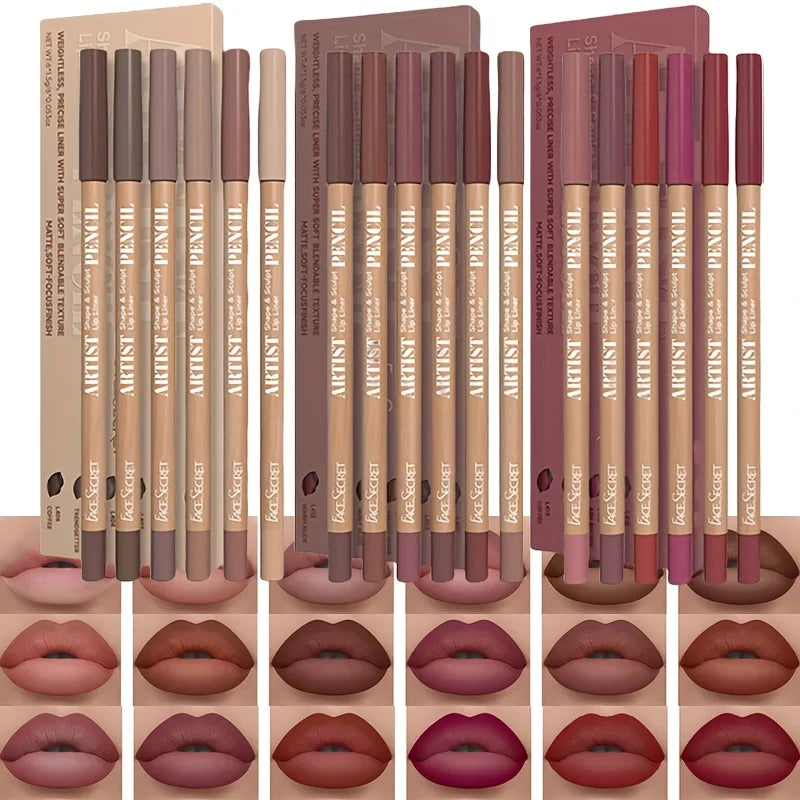 Velvet Matte Lip Liner Pencil Set (6-Piece), Long-Lasting, Smooth Lip Definition