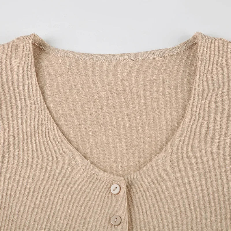 Knitted V-Neck Mini Dress – Short Sleeve Button Front Casual Summer Dress