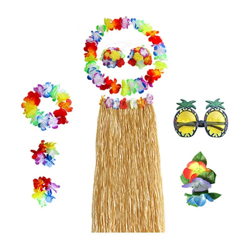 8-Piece Hawaiian Hula Costume Set – Grass Skirt, Flower Lei Necklace, Headband, Anklets & Bracelets for Parties and Dress-Up
