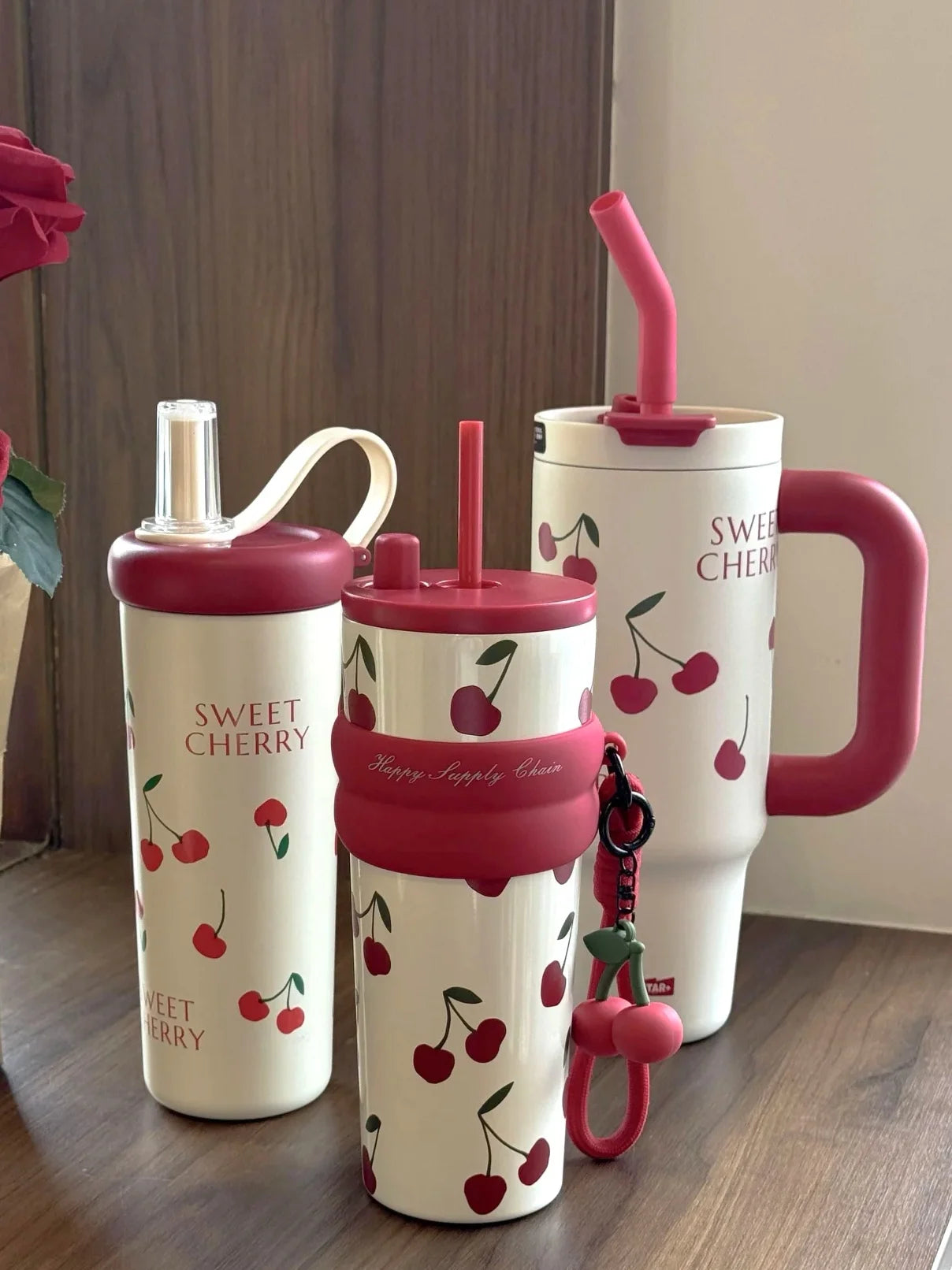 Portable Cherry Series Stainless Steel Insulated Straw Tumbler – Double-Wall Vacuum Travel Water Bottle for Hot & Cold Drinks