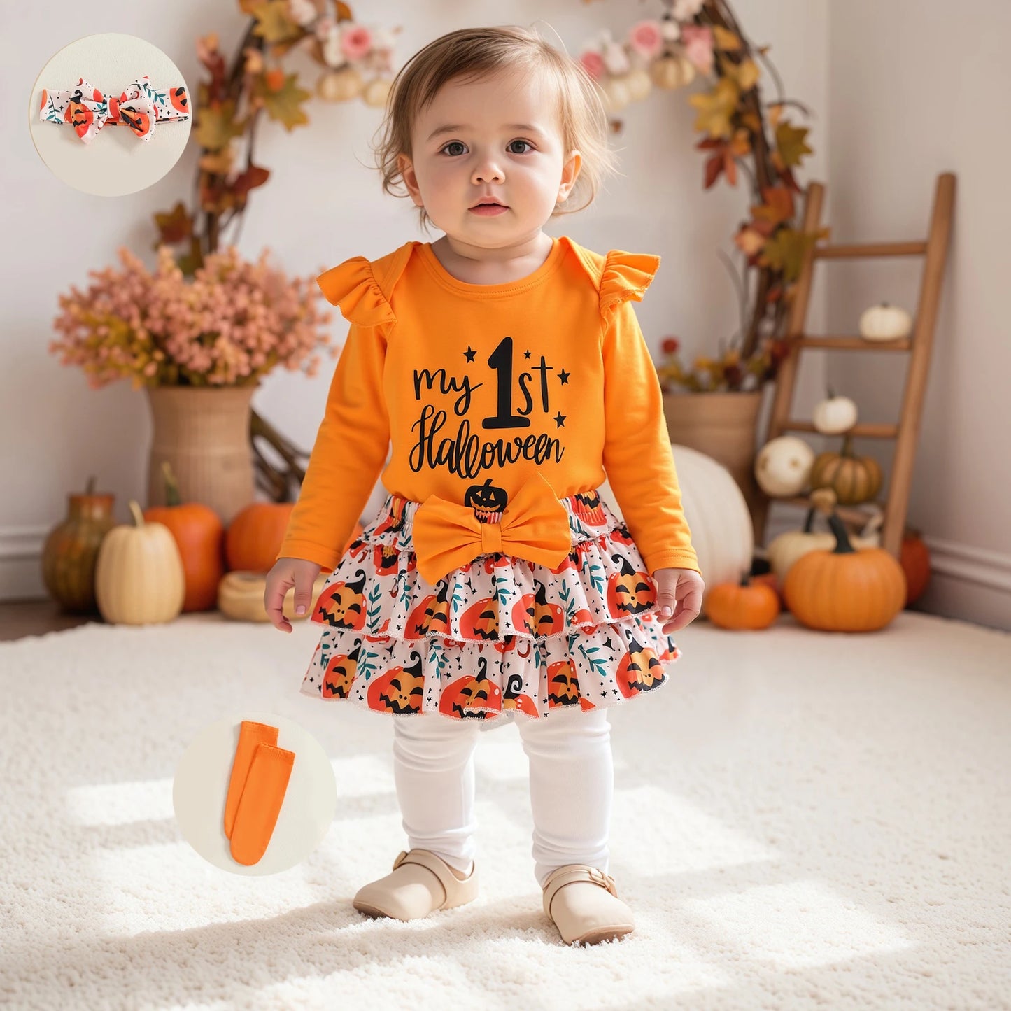 Baby Girls Halloween Outfit – Long Sleeve Romper, Ruffle Shorts, Headband & Socks Set