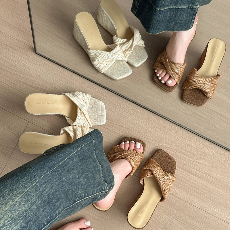 Women’s Designer Weave Wedge Slides – Open Toe Height Increase Summer Sandals, Fashion Outdoor Slip-On Dress Shoes