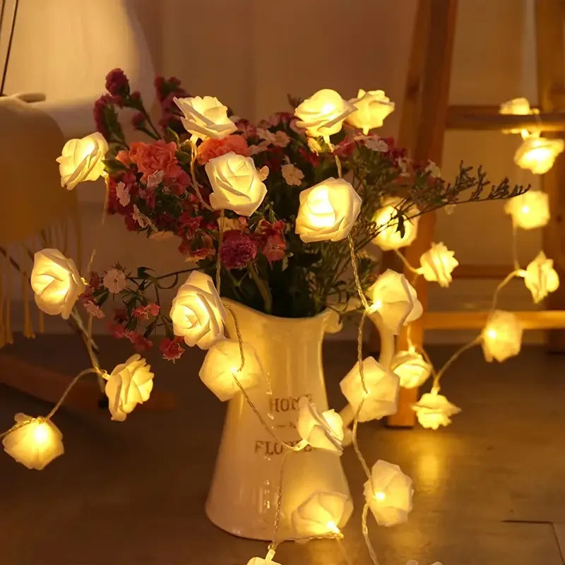 Artificial Rose Flower LED String Lights (10/20 LEDs) – Decorative Fairy Light Garland for Home, Wedding, and Party Decor