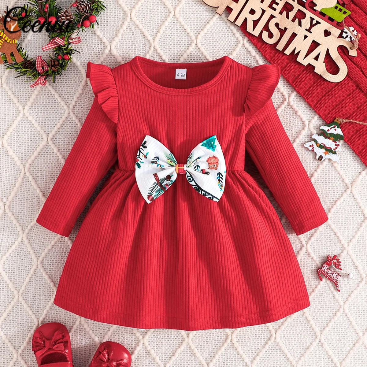 Baby Girl New Year Dress – Green Christmas Tree Print Outfit, “My First New Year” Costume for Newborns & Toddlers