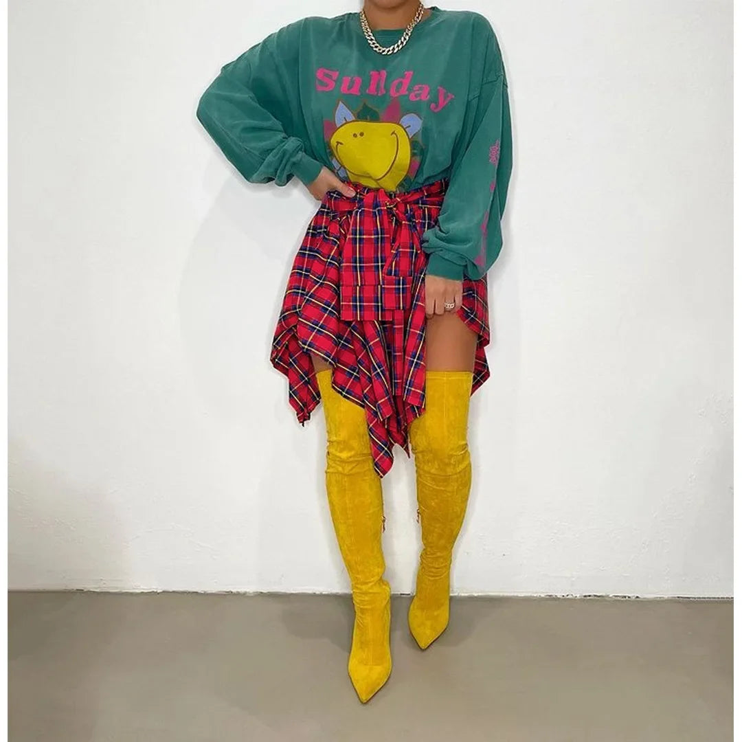 Women Plaid Irregular High Waist Knee-Length Skirt