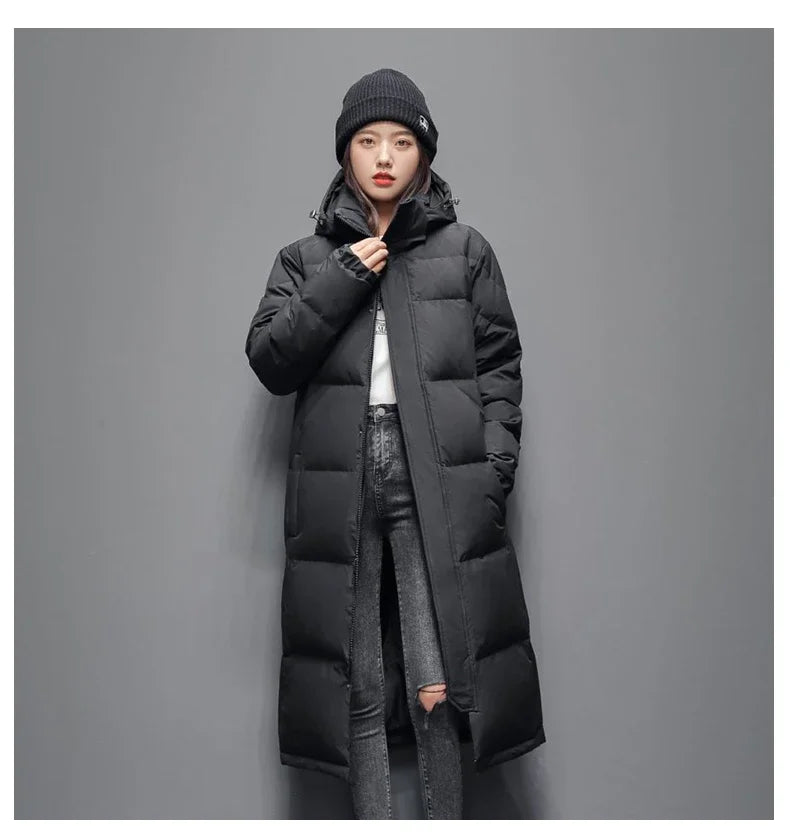 Winter Long White Down Jackets Men Women Hooded Thick Warm Over-the-Knee Puffer Jacket Man Overcoats Couple Padded Down Coat