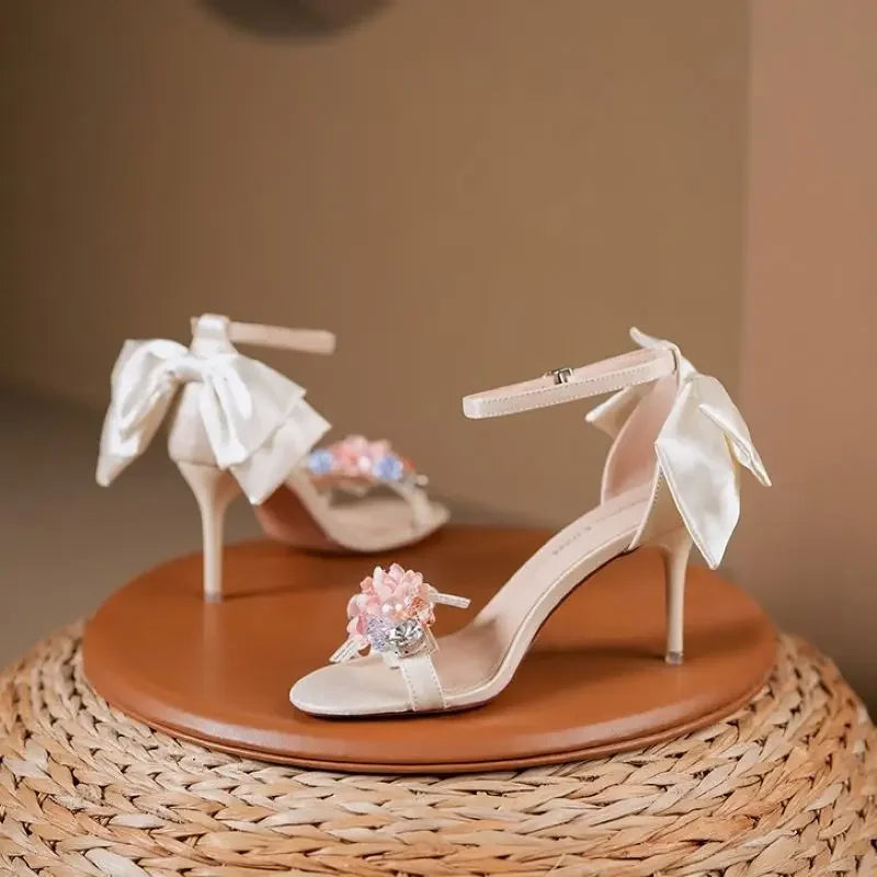 Women’s Open Toe High Heel Sandals – Satin Flower Bow, Buckle Strap, Elegant Dress & Wedding Shoes