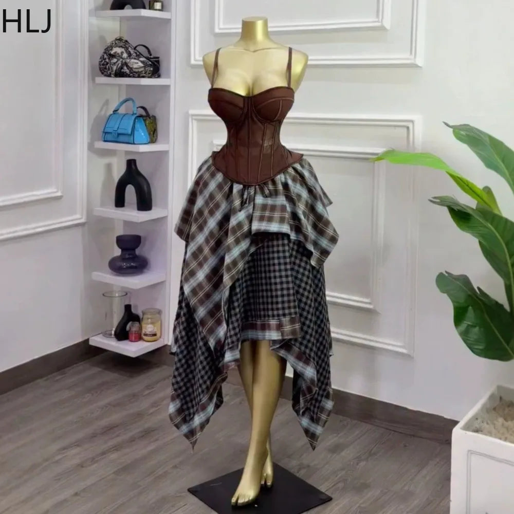 Y2K Retro Brown 2-Piece Mesh Bustier Top and Plaid Skirt Set