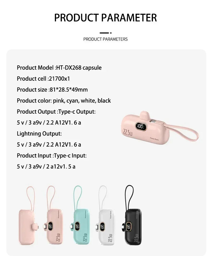 30000mAh Capsule Power Bank Fast Charge Portable Mobile Power Supply Emergency External Battery for Type-C, iPhone, Android