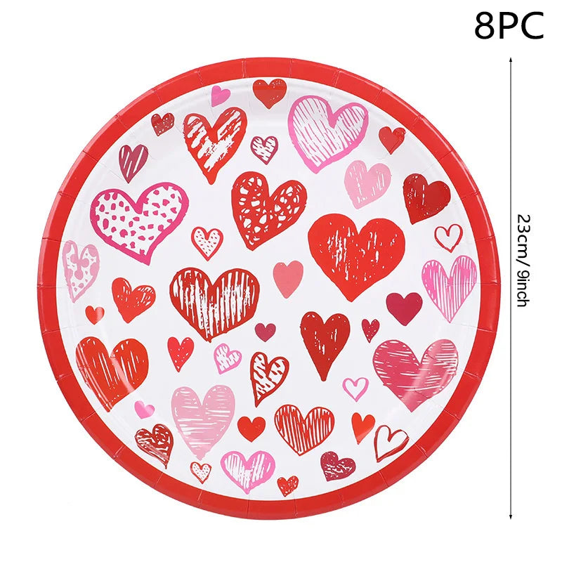 Love Heart Disposable Tableware Set – Paper Plates, Cups, Napkins & Tablecloth for Valentine’s Day, Wedding, Anniversary & Party Decor