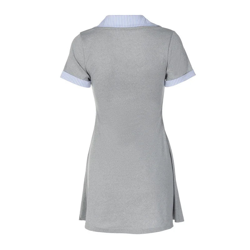 Short Sleeve Mini Dress – Square Neck Patchwork Striped High Waist Slim Fit Dress for Women