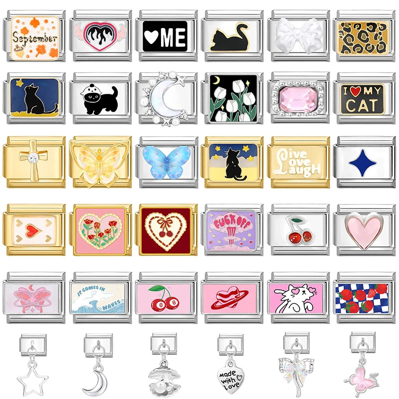 Italian Charm Links – Heart, Flower, Cat & Cherry Designs – Fits 9mm Stainless Steel Bracelets – DIY Jewelry Making Gift for Women