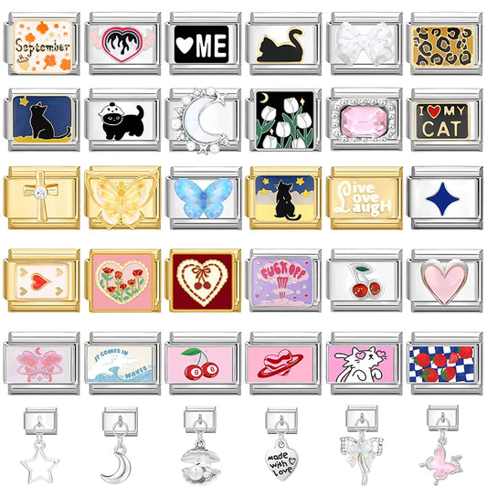 Italian Charm Links – Heart, Flower, Cat & Cherry Designs – Fits 9mm Stainless Steel Bracelets – DIY Jewelry Making Gift for Women