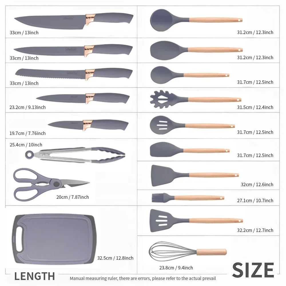 19-Piece Non-Stick Silicone Kitchen Utensil Set with Knives and Bamboo Storage – Heat-Resistant Tools Perfect for Cooking