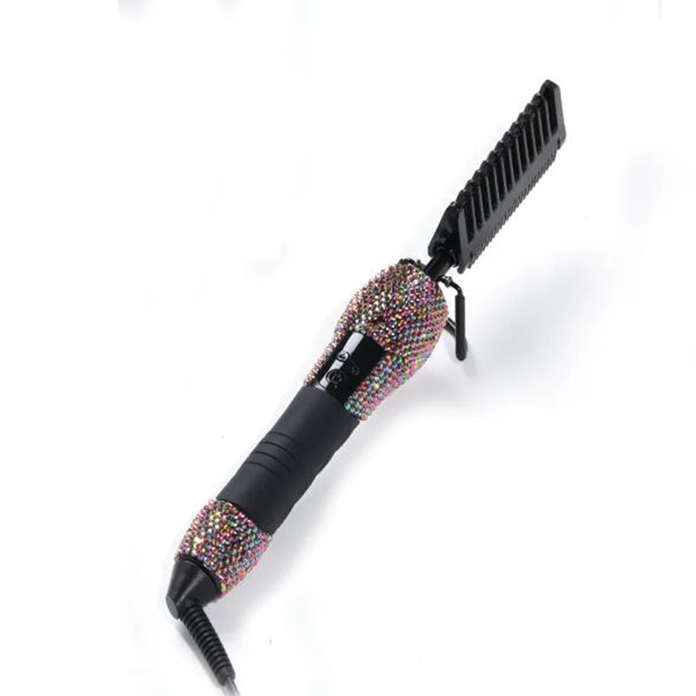 Electric Hot Comb Hair Straightener with Rhinestone Design and LCD Display