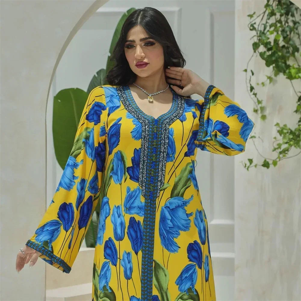 Elegant Ethnic Print Abaya Maxi Dress for Women – Muslim Jalabiya Modest Kaftan for Spring & Autumn