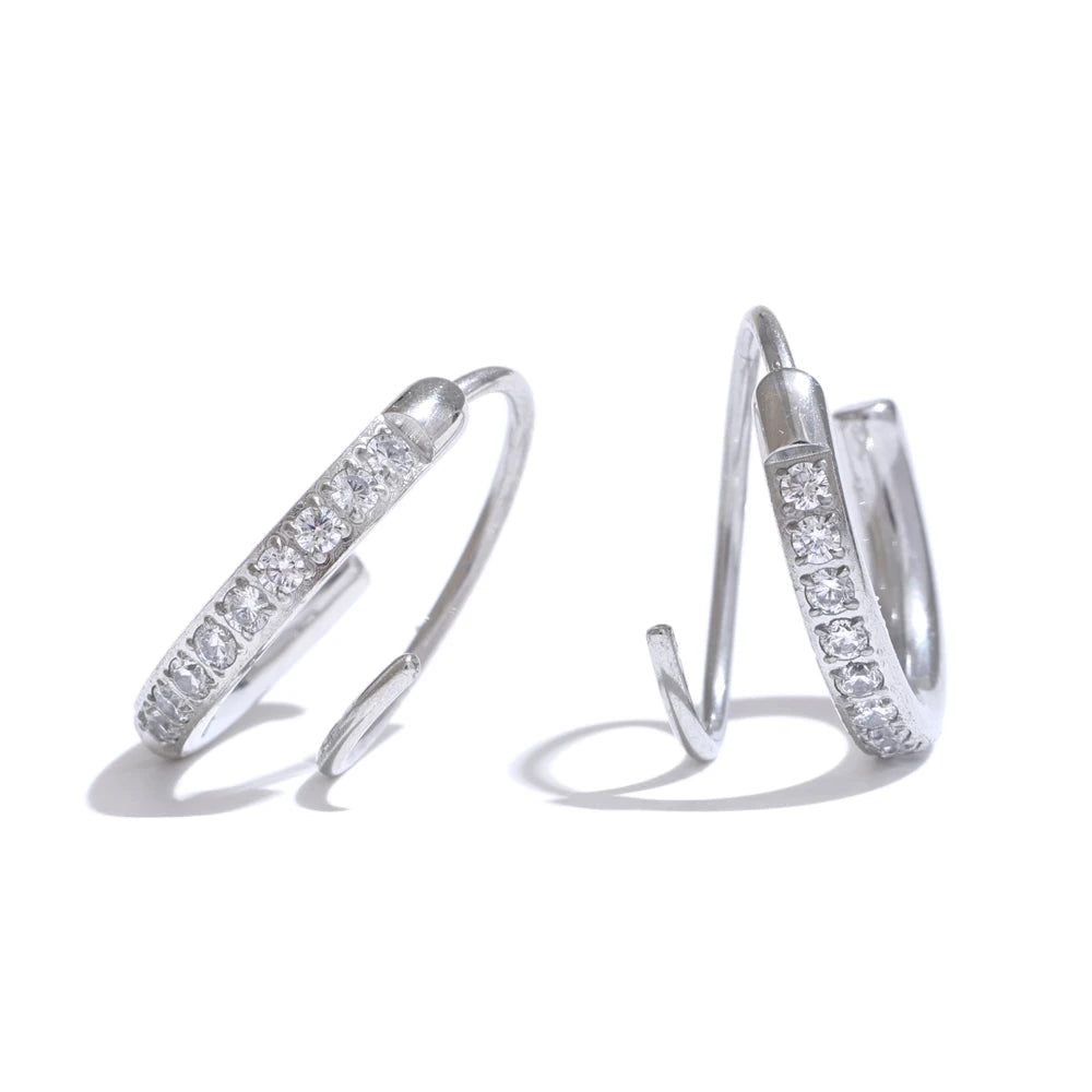 Stainless Steel Twisted Hoop Earrings with Cubic Zirconia for Women – Double-Look Design, Waterproof Fashion Jewelry