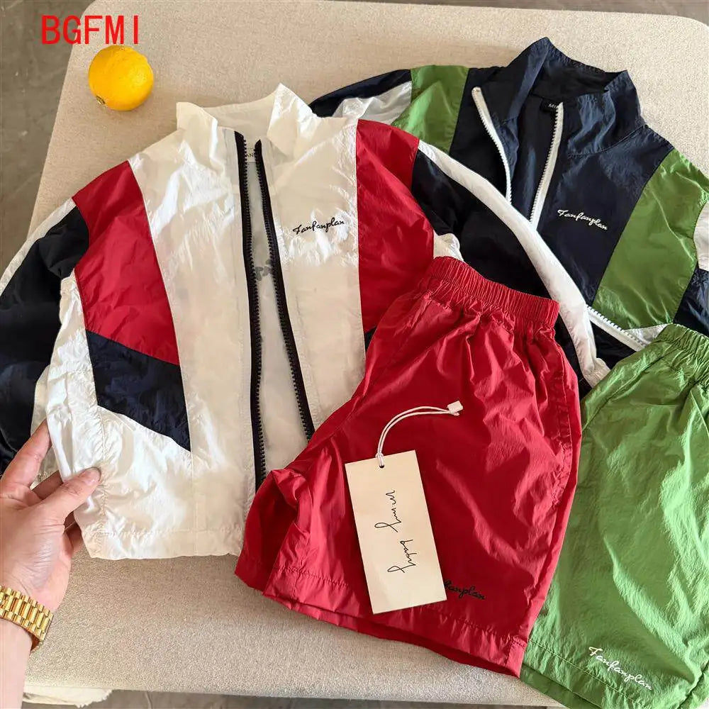 Kids Color-Block Sunscreen Jacket & Shorts Set – Boys & Girls, Quick-Dry, Ages 7-13