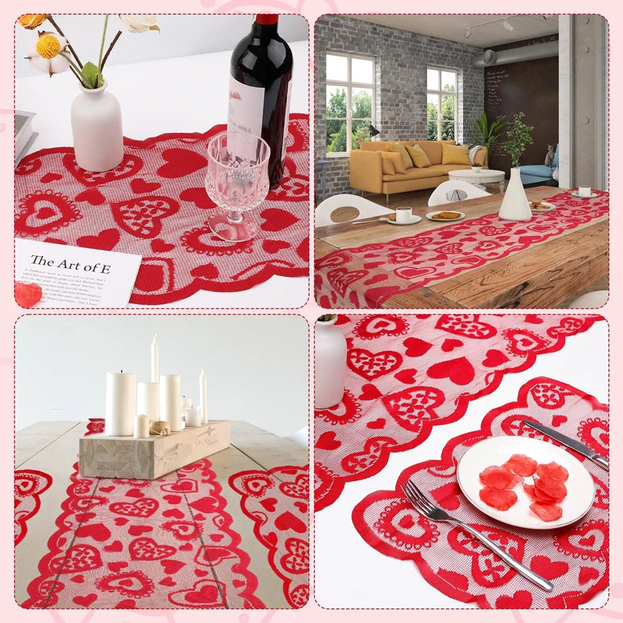 Classic red heart design polyester woven table runner, suitable for Valentine’s Day, family dining, home decoration, and everyday or special occasions.