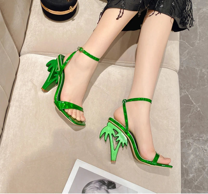 Women's Green Patent Leather Ankle Strap Heels – Square Toe Fretwork Sandals | Party & Fashion Shoes"