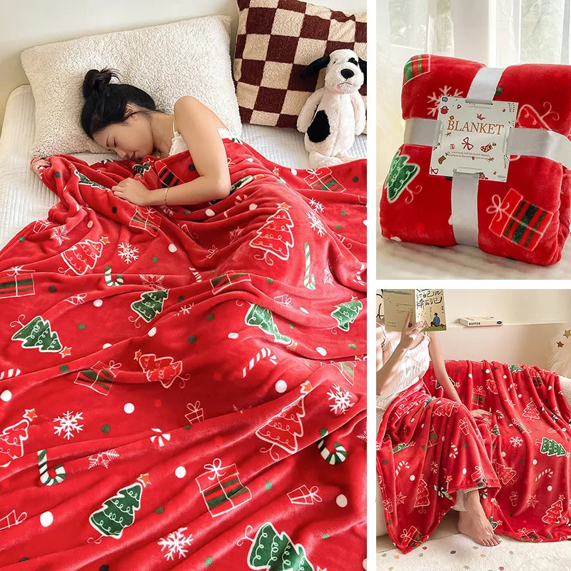 Soft Christmas Print Coral Fleece Throw Blanket, Plush Polyester Sofa and Bed Cover for Cozy Winter Lounging and Holiday Home Decor
