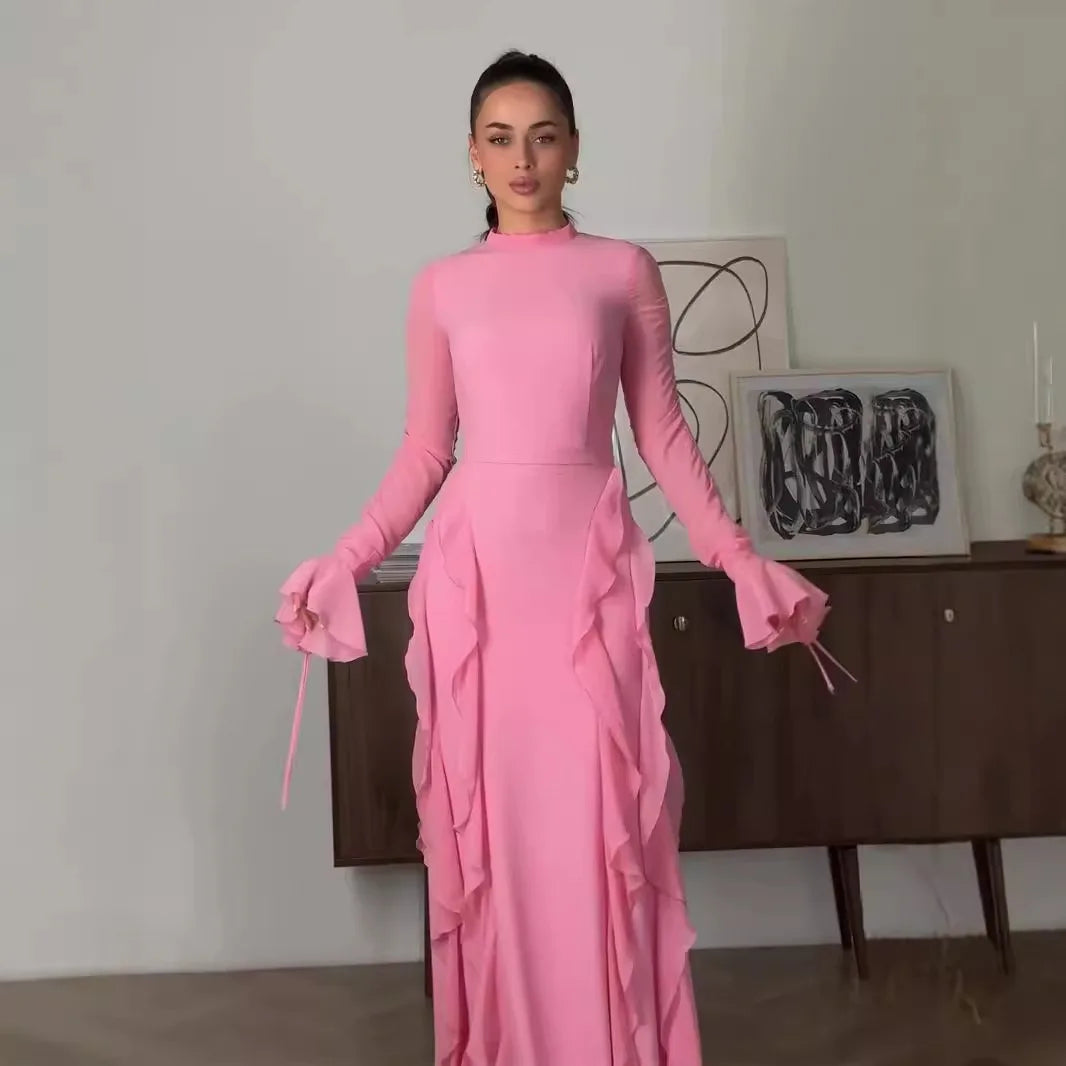 Eid Luxe Flow Gown – Elegant Modestwear Kaftan Inspired by Moroccan Jalabiya, Ruffle Trim Dubai Style Robe Dress for Women"