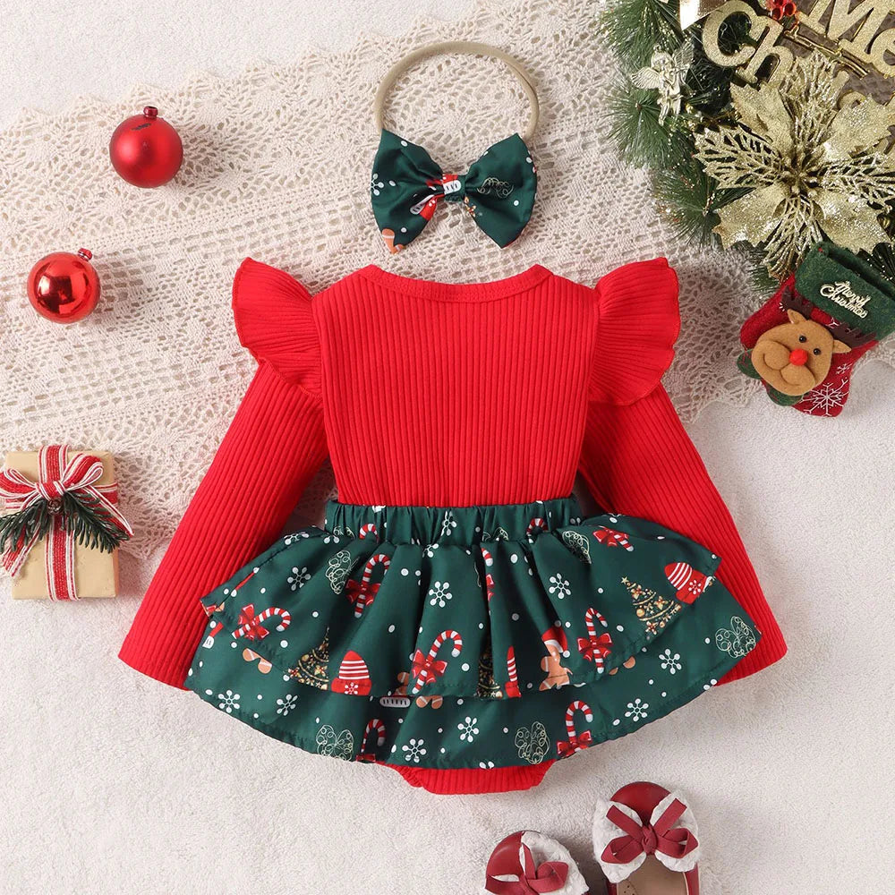 Baby Girl Christmas Dress Set – Snowflake Bodysuit, Bow Skirt & Headband