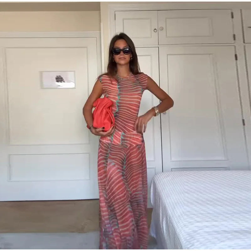 Chic Women's Printed Skirt Outfit – Sleeveless O-Neck Bodysuit with High-Waist Skirt
