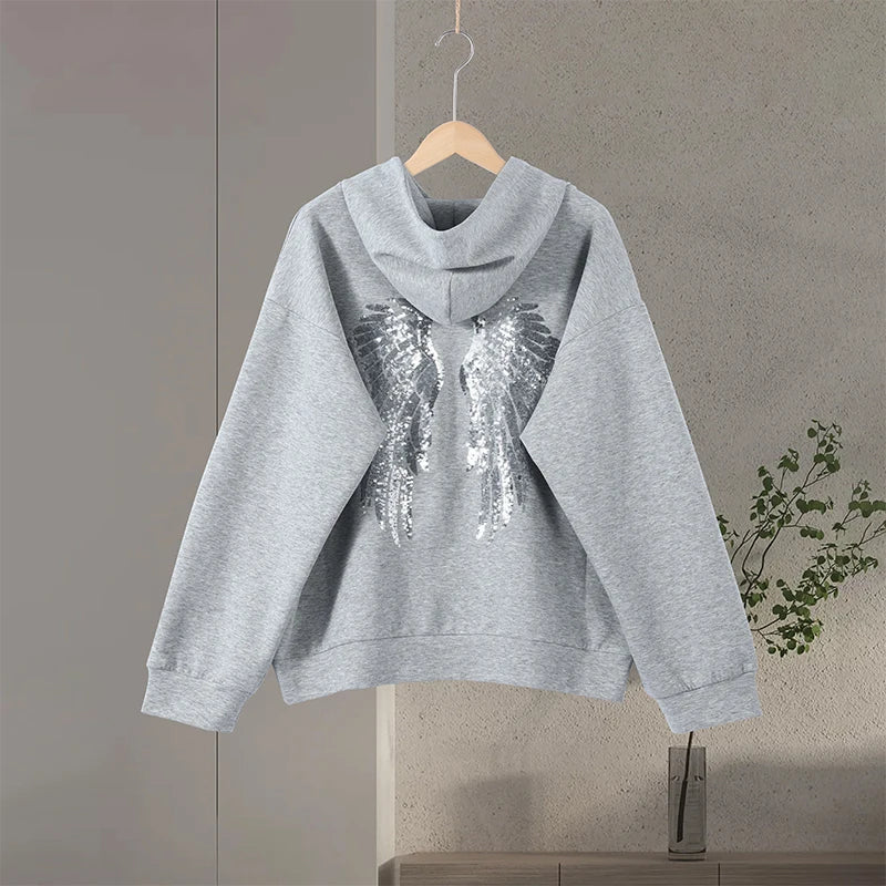 Women’s Sequined Wing Hooded Sweatshirt, Casual Long Sleeve Loose Fit Hoodie