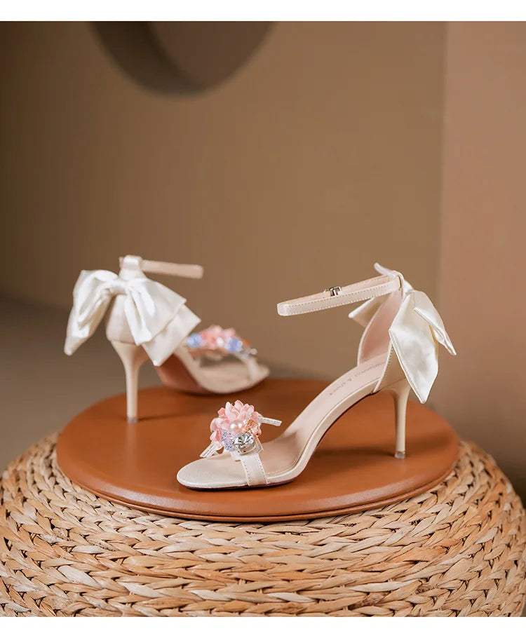 Women’s Open Toe High Heel Sandals – Satin Flower Bow, Buckle Strap, Elegant Dress & Wedding Shoes