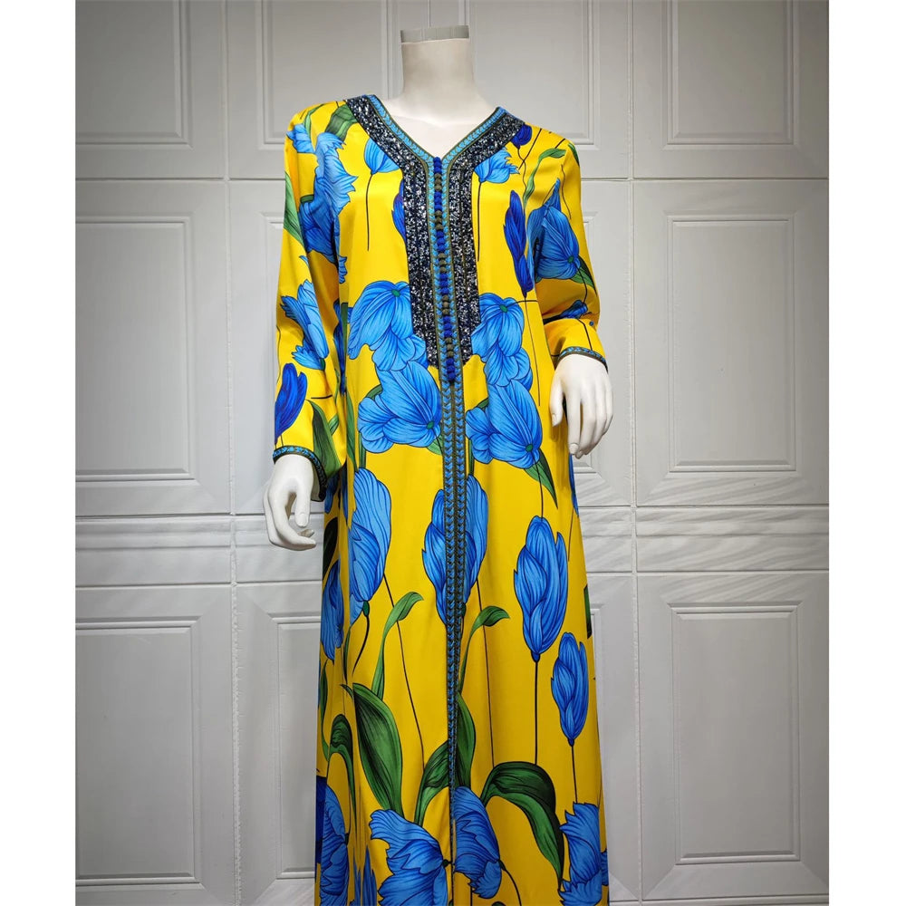 Elegant Ethnic Print Abaya Maxi Dress for Women – Muslim Jalabiya Modest Kaftan for Spring & Autumn