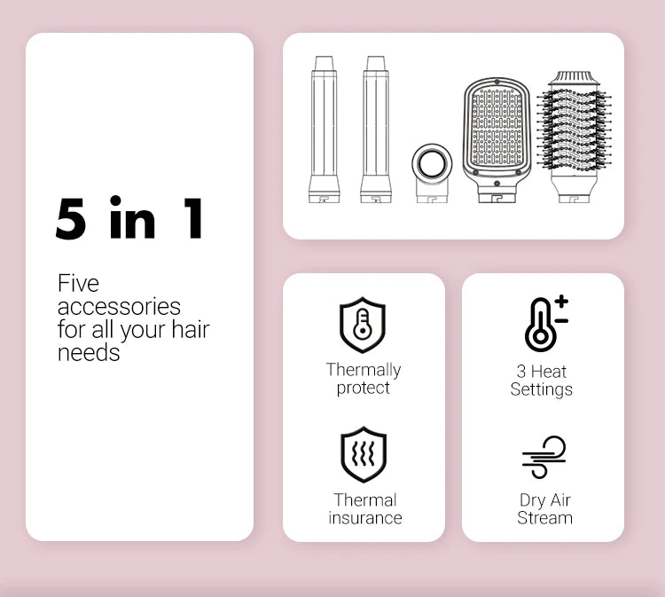 5-in-1 Detachable Hair Dryer Brush & Curling Iron Styling System