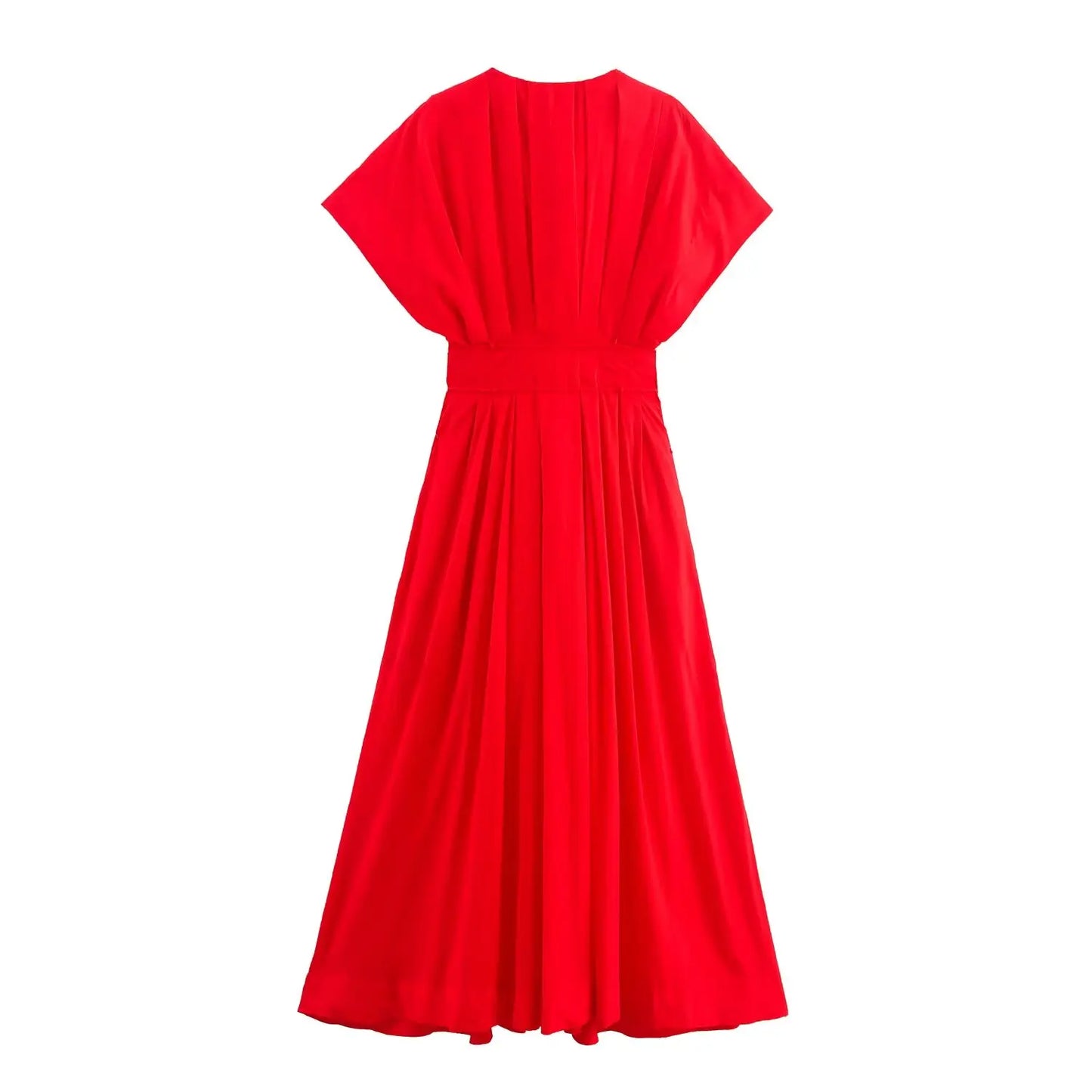 Women's Elegant V-Neck Long Dress – Short Sleeve Lace-Up Bow Waist Casual Dress